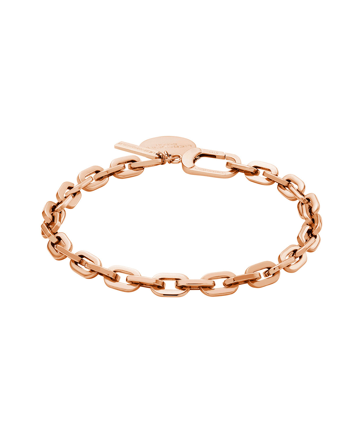 Liebeskind Berlin Armband bestehend aus einer groben, roségoldenen Gliederkette und zwei roségoldenen Anhängern; Produktbild