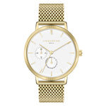 Liebeskind Berlin Armbanduhr mit goldenem Gehäuse, geriffeltem Topring und goldenem Meshband Produktbild