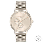 Liebeskind Berlin Armbanduhr mit roségoldenem Gehäuse, geriffeltem Topring und roségoldenem Meshband Produktbild