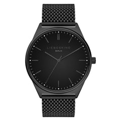 Liebeskind Berlin Armbanduhr mit schwarzem Zifferblatt, schwarzem Gehäuse und schwarzem Meshband Produktbild