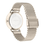 Liebeskind Berlin Armbanduhr mit roségoldenem Gehäuse, geriffeltem Topring und roségoldenem Meshband Rückansicht