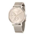 The LIEBESKIND BERLIN Armbanduhr – Clean Multifunction features a silver mesh band, round face, minimalist hour markers, two subdials for seconds and date, plus sleek roségoldene Details for a modern look.