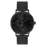 Liebeskind Berlin Armbanduhr mit schwarzem Zifferblatt, schwarzem Gehäuse, geriffeltem Topring und schwarzem Meshband Produktbild