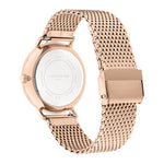 Roségoldenes Mesh-Armband mit Schließe, das die Rückseite der Liebeskind Berlin Armbanduhr - Clean Multifunction von Liebeskind Berlin zeigt.