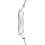 Seitenansicht der LIEBESKIND BERLIN Armbanduhr - Clean Multifunction von Liebeskind Berlin, die ihr dünnes silbernes Design mit Metallkettenband und runder Krone zeigt.