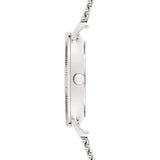 Seitenansicht der LIEBESKIND BERLIN Armbanduhr - Clean Multifunction von Liebeskind Berlin, die ihr dünnes silbernes Design mit Metallkettenband und runder Krone zeigt.