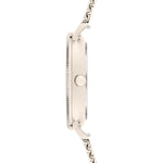 Liebeskind Berlin Armbanduhr mit roségoldenem Gehäuse, geriffeltem Topring und roségoldenem Meshband Seitenansicht