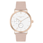 Liebeskind Berlin Armbanduhr mit roségoldenem Gehäuse, geriffeltem Topring und rosa Lederband Produktbild