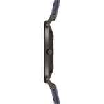 Liebeskind Berlin Armbanduhr mit Ziffernblatt und Gehäuse in der Farbe gun und blau geflochtenem Lederarmband Seitenansicht