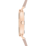 Seitenansicht der LIEBESKIND BERLIN Armbanduhr - Clean Multifunction von Liebeskind Berlin in Roségold mit beigefarbenem Armband, die ihre Krone und ihr schlankes Profil zeigt - eine moderne Business-Uhr für jede Gelegenheit.