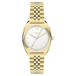 Liebeskind Berlin Armbanduhr mit kleinem goldenem Gehäuse, glänzend-geriffeltem Topring und goldenem Edelstahlband Produktbild