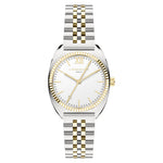 Liebeskind Berlin Armbanduhr mit kleinem silbernem Gehäuse, gold glänzend-geriffeltem Topring und bicolor Edelstahlband in gold und silber Produktbild