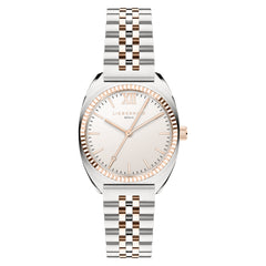 Liebeskind Berlin Armbanduhr mit kleinem silbernem Gehäuse, roségold glänzend-geriffeltem Topring und bicolor Edelstahlband in silber und roségold Produktbild