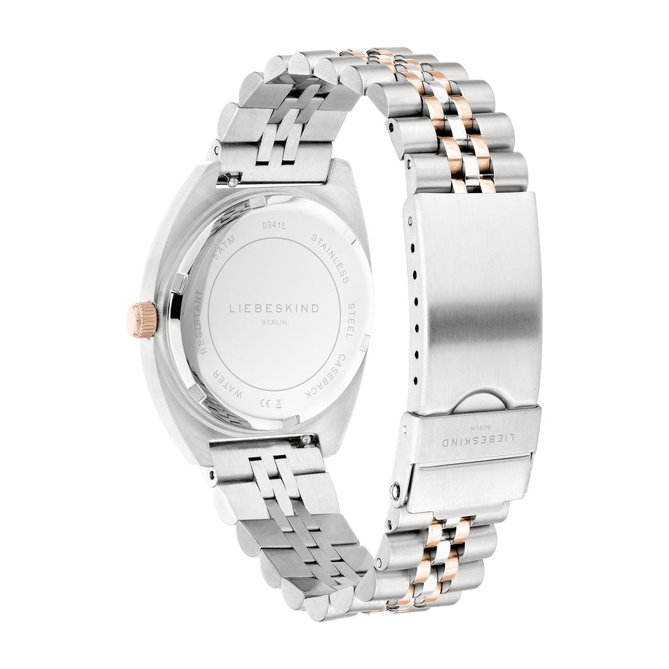 Liebeskind Berlin Armbanduhr mit kleinem silbernem Gehäuse, roségold glänzend-geriffeltem Topring und bicolor Edelstahlband in silber und roségold Rückansicht