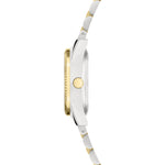 Liebeskind Berlin Armbanduhr mit kleinem silbernem Gehäuse, gold glänzend-geriffeltem Topring und bicolor Edelstahlband in gold und silber Seitenansicht