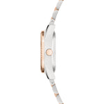 Liebeskind Berlin Armbanduhr mit kleinem silbernem Gehäuse, roségold glänzend-geriffeltem Topring und bicolor Edelstahlband in silber und roségold Seitenansicht