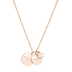 Liebeskind Berlin Halskette bestehend aus einer filigranen, roségoldenen Kette mit einem kleinen Herzanhänger und zwei gravierten, runden Plättchenanhängern; Produktbild