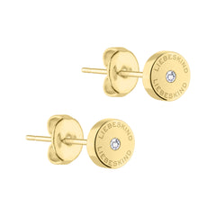 Liebeskind Berlin Ohrstecker in Kreisform in der Farbe gold mit Logoaufdruck und einem Zirkoniastein; Produktbild