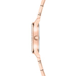 Seitenansicht der Tamaris Armbanduhr - The Modern Classic in Roségold von Tamaris mit schlankem Gehäuse, juwelenbesetzter Lünette und elegantem Edelstahlarmband.