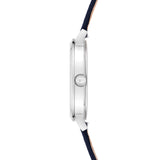 Tamaris Armbanduhr mit silbernem Gehäuse und blauem Stoffband; Seitenansicht