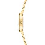 Tamaris Armbanduhr mit silbernem Zifferblatt, goldenem Gehäuse mit glassteinbesetzter Lünette und goldenem Edelstahlband Seitenansicht