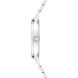 Tamaris Armbanduhr mit Zifferblatt in Marmoroptik, silbernem Gehäuse und silbernem Edelstahlband Seitenansicht
