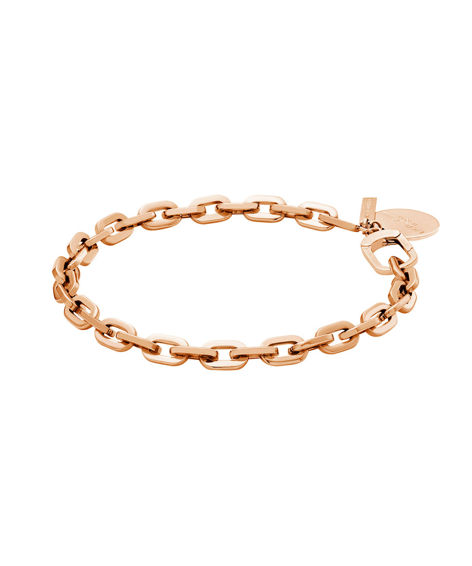 Liebeskind Berlin Armband bestehend aus einer groben, roségoldenen Gliederkette und zwei roségoldenen Anhängern; Produktbild