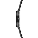 Tamaris Armbanduhr mit schwarzem Zifferblatt, schwarzem Gehäuse mit glassteinbesetzter Lünette und schwarzem Edelstahlband Seitenansicht