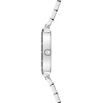 Tamaris Armbanduhr mit schwarzem Zifferblatt, silbernem Gehäuse mit kreisförmig angeordnetem Logoschriftzug auf schwarzer Epoxidlacklünette und silbernem Edelstahlband Seitenansicht