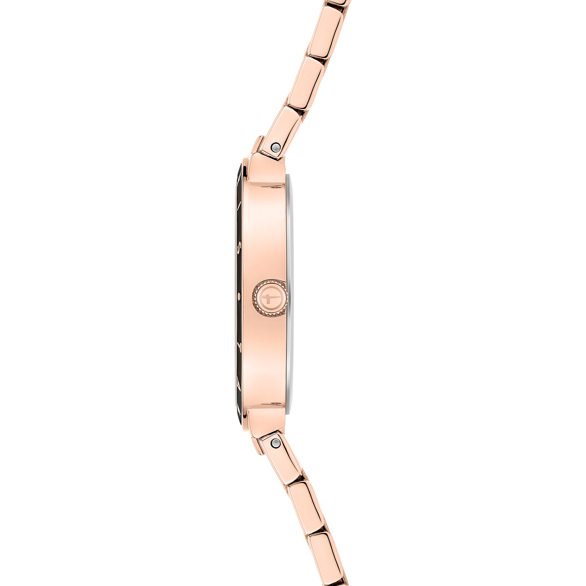 Tamaris Armbanduhr mit schwarzem Zifferblatt, roségoldenem Gehäuse mit kreisförmig angeordnetem Logoschriftzug auf schwarzer Epoxidlacklünette und roségoldenem Edelstahlband Seitenansicht