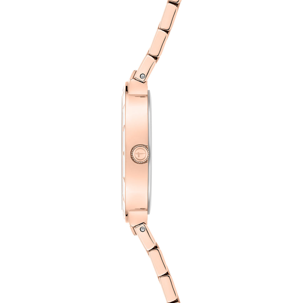 Tamaris Armbanduhr mit weißer Epoxidlack Lünette und Edelstahlband in der Farbe roségold Seitenansicht