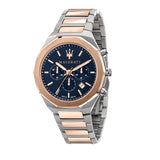 Maserati Armbanduhr mit blauem Zifferblatt, silbernem Gehäuse, roségoldenem Topring, silber-roségoldenem Edelstahlband und Chronographenwerk Produktbild