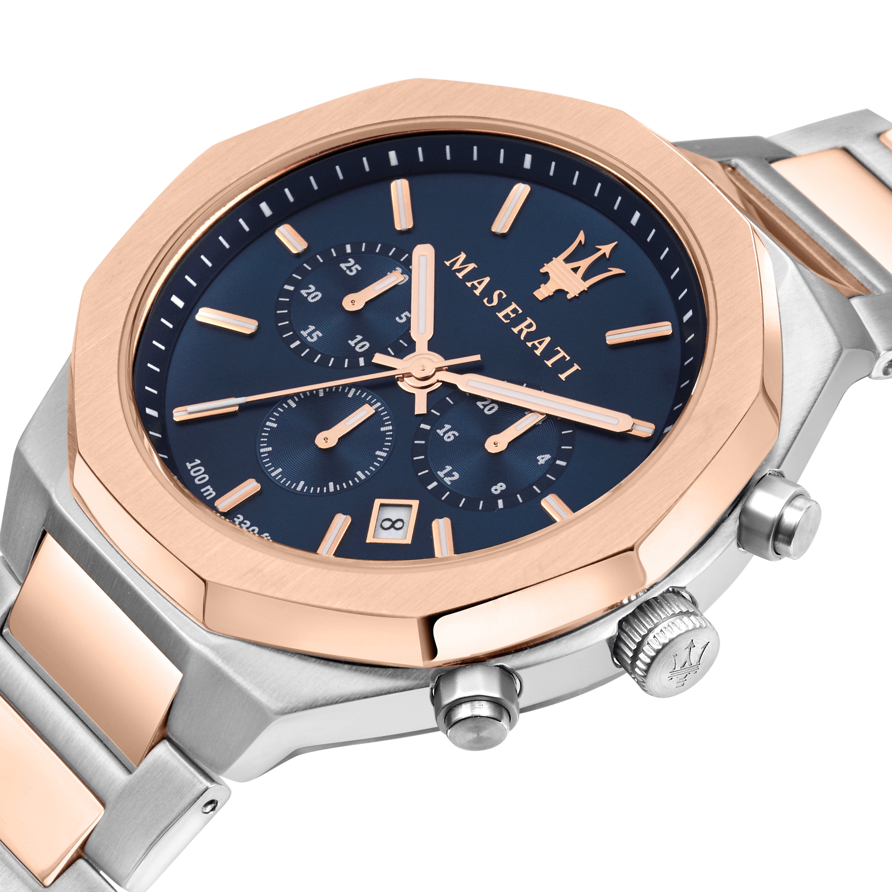 Maserati Armbanduhr mit blauem Zifferblatt, silbernem Gehäuse, roségoldenem Topring, silber-roségoldenem Edelstahlband und Chronographenwerk Nahaufnahme