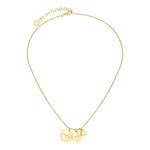 Liebeskind Berlin Halskette bestehend aus einer filigranen, goldenen Kette mit einem kleinen Herzanhänger und zwei gravierten, runden Plättchenanhängern; Produktbild