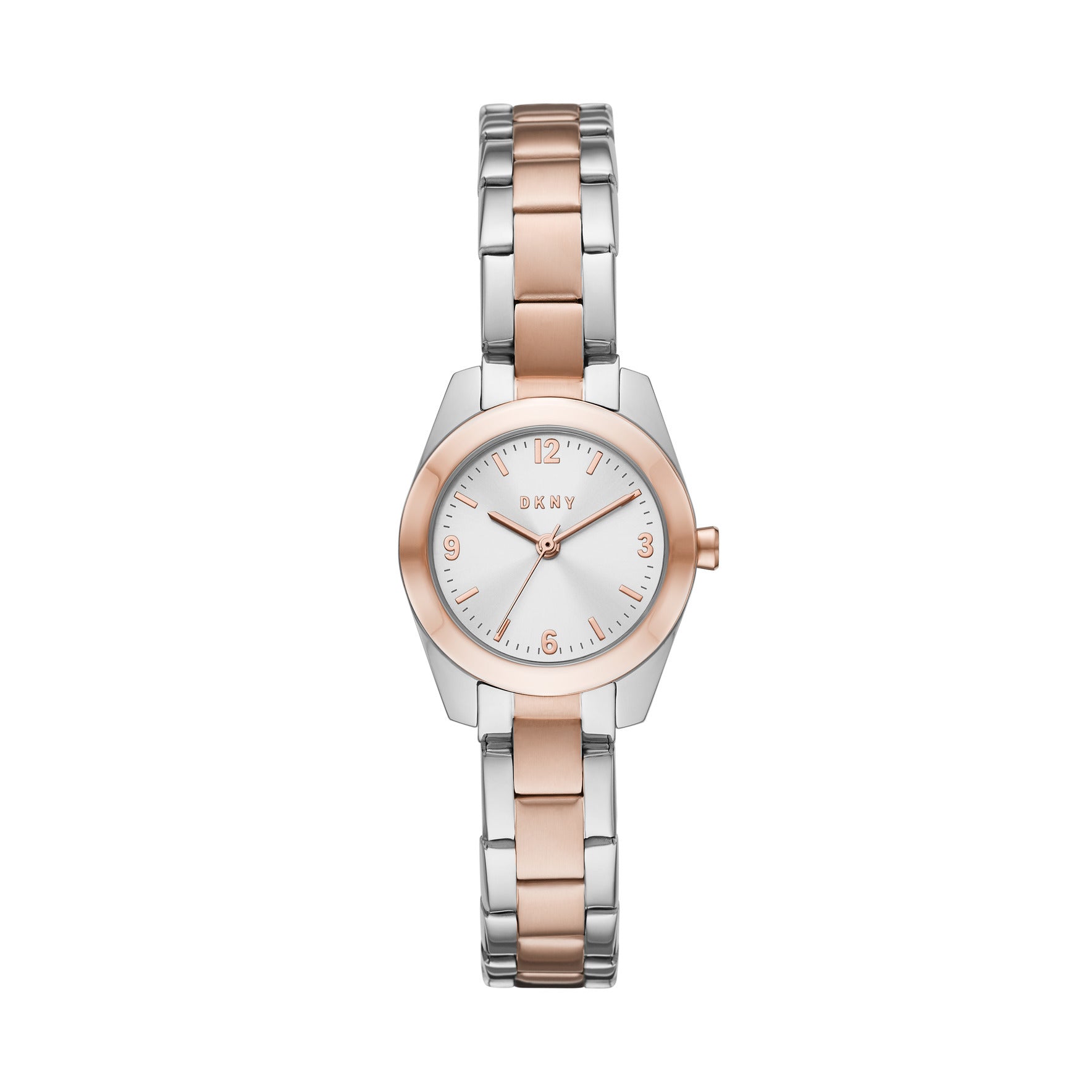 DKNY Armbanduhr mit silbernem Zifferblatt, silbernem Gehäuse mit roségoldenem Topring und silber-roségoldenem Edelstahlband Produktbild