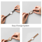 Die Hände zeigen, wie man das Armband einer Liebeskind Berlin Uhr mit dem LIEBESKIND BERLIN Uhrenband - Easy Change System wechselt.