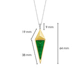 Ti Sento Milano Halskette mit silberner Kette, goldenem geometrischem Anhänger mit grünem Stein an einem steinbesetzten silbernen Ring Produktbild inklusive Maße