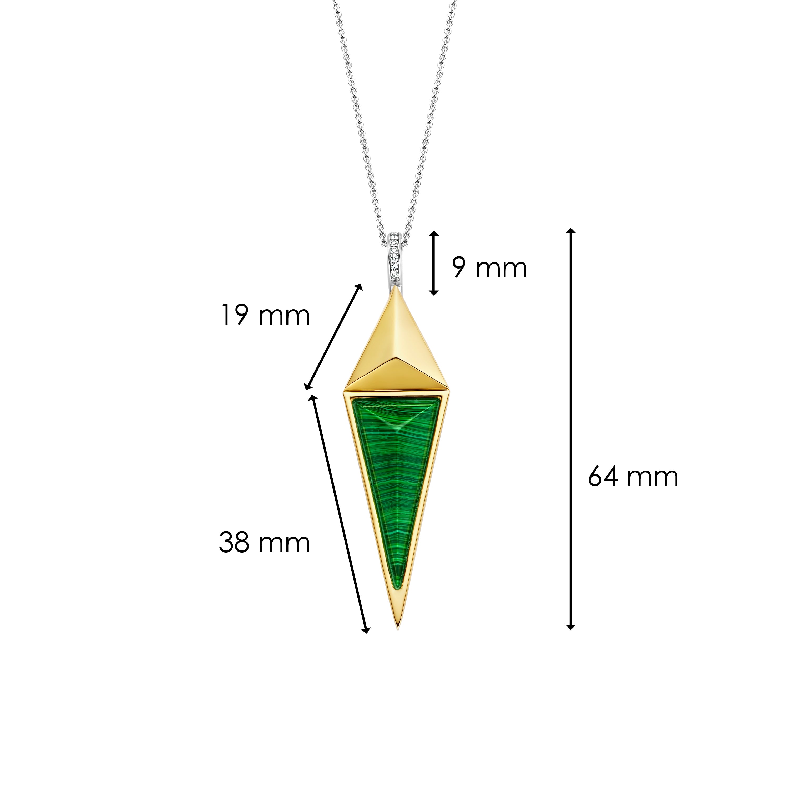 Ti Sento Milano Halskette mit silberner Kette, goldenem geometrischem Anhänger mit grünem Stein an einem steinbesetzten silbernen Ring Produktbild inklusive Maße