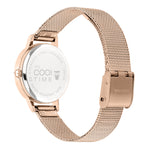Cool Time Kids Armbanduhr mit einem silbernen Zifferblatt mit glitzernden Schmetterlingen, roségoldenem Gehäuse und roségoldenem Meshband; Rückansicht