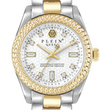 Philipp Plein Armbanduhr mit weißem Zifferblatt mit hexagonalem Muster und funkelnden sowie goldenen Akzenten, silbernem Gehäuse mit einem goldverziertem Topring und zweifarbigem Edelstahlband in Gold und Silber Produktbild