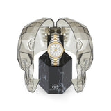 Philipp Plein Armbanduhr mit weißem Zifferblatt mit hexagonalem Muster und funkelnden sowie goldenen Akzenten, silbernem Gehäuse mit einem goldverziertem Topring und zweifarbigem Edelstahlband in Gold und Silber Produktbild