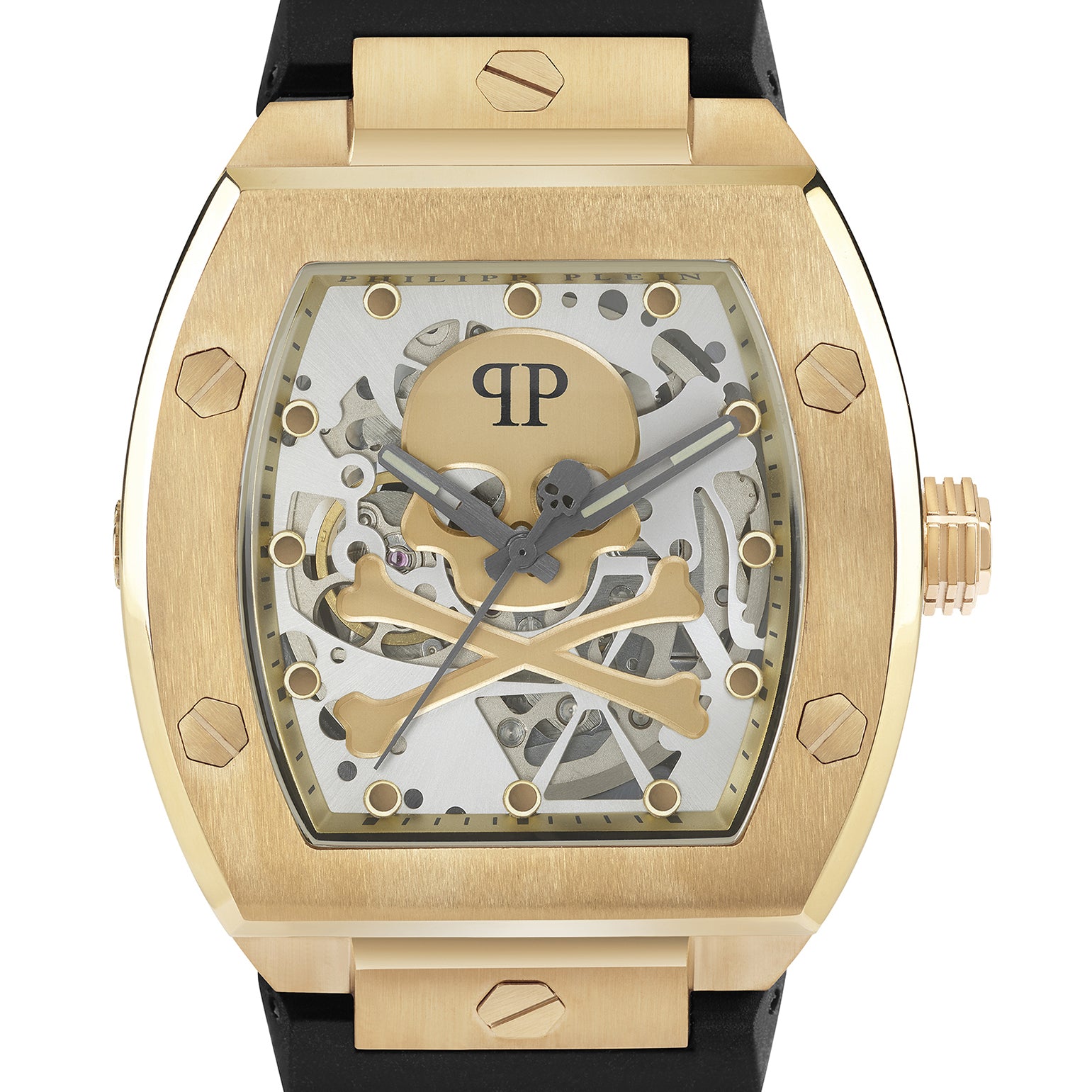 Philipp Plein Armbanduhr im Tonneau Shape mit teilskelettiertem silbernem Zifferblatt mit goldenem Totenkopf- und Knochenmotiv, goldenem Gehäuse und schwarzem Edelstahlband Produktbild