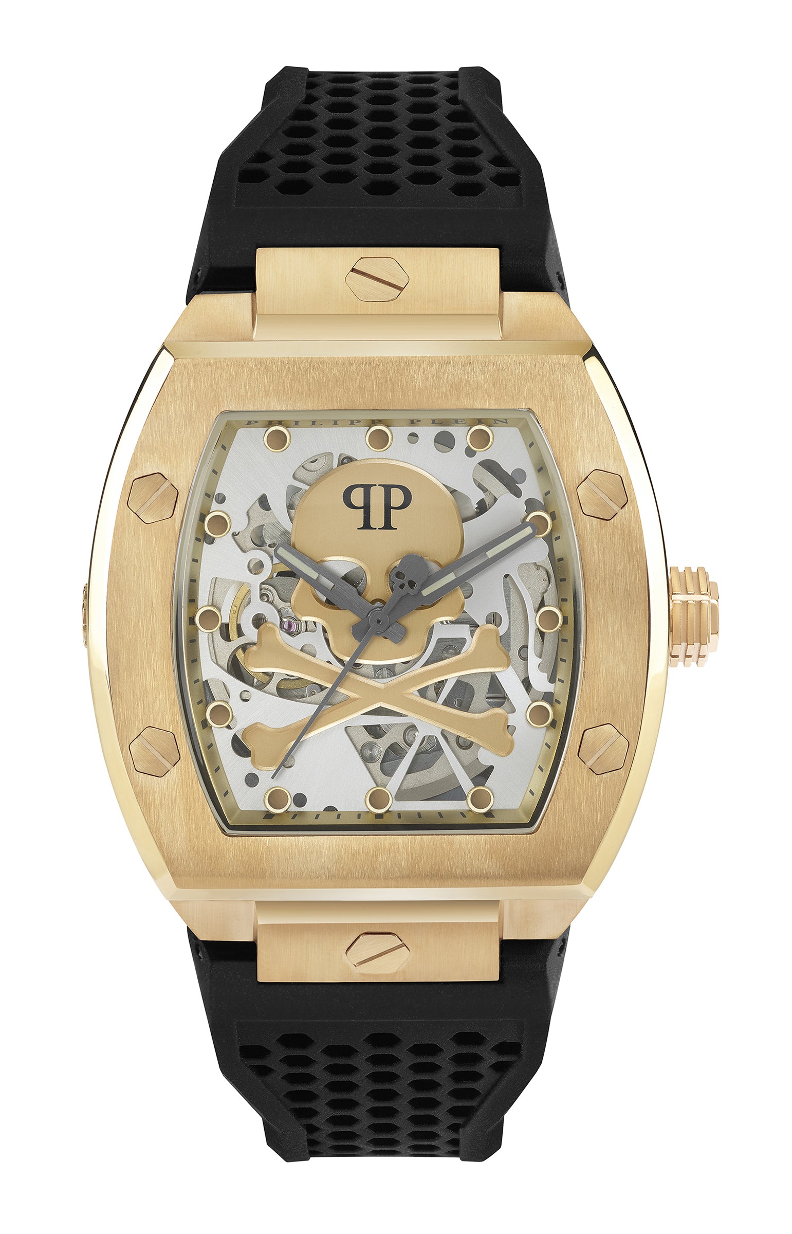 Philipp Plein Armbanduhr im Tonneau Shape mit teilskelettiertem silbernem Zifferblatt mit goldenem Totenkopf- und Knochenmotiv, goldenem Gehäuse und schwarzem Edelstahlband Produktbild