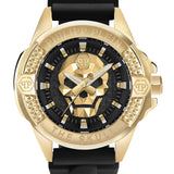 Philipp Plein Armbanduhr mit schwarzem Zifferblatt mit goldenem Totenkopfdesign und goldenen Akzenten, goldenem Gehäuse und schwarzem Silikonband Produktbild