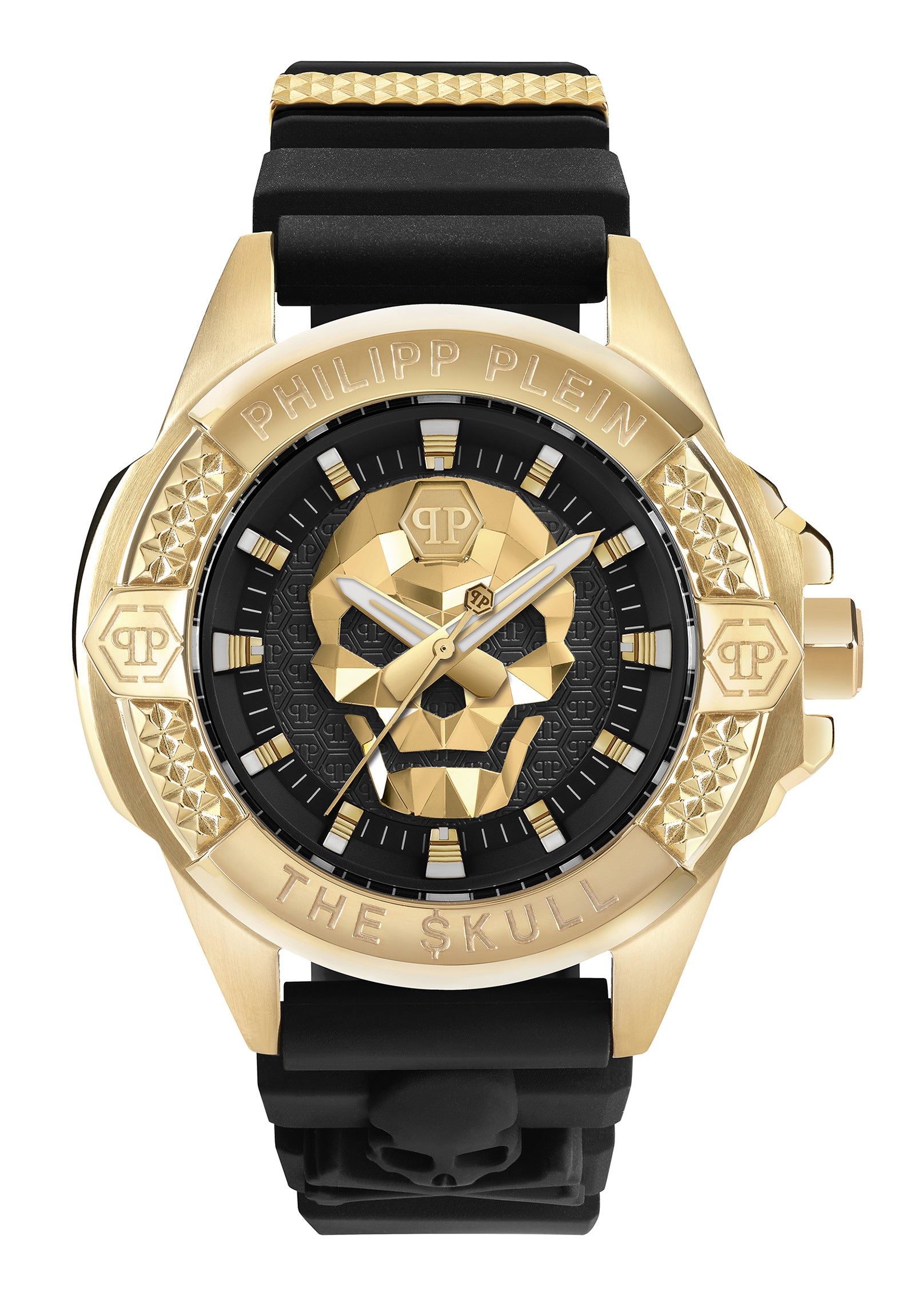 Philipp Plein Armbanduhr mit schwarzem Zifferblatt mit goldenem Totenkopfdesign und goldenen Akzenten, goldenem Gehäuse und schwarzem Silikonband Produktbild