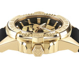 Philipp Plein Armbanduhr mit schwarzem Zifferblatt mit goldenem Totenkopfdesign und goldenen Akzenten, goldenem Gehäuse und schwarzem Silikonband Produktbild