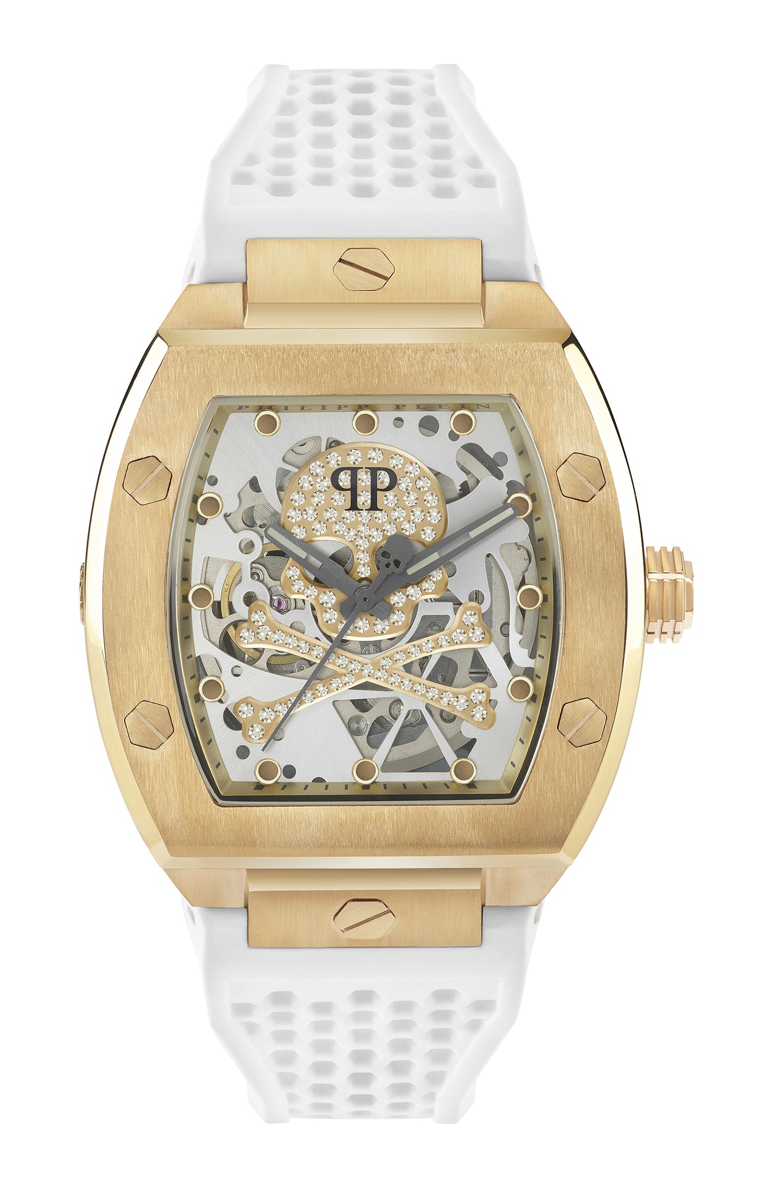 Philipp Plein Armbanduhr im Tonneau Shape mit teilskelettiertem silbernem Zifferblatt mit goldenem glassteinbesetztem Totenkopf- und Knochenmotiv, goldenem Gehäuse und weißem Edelstahlband Produktbild