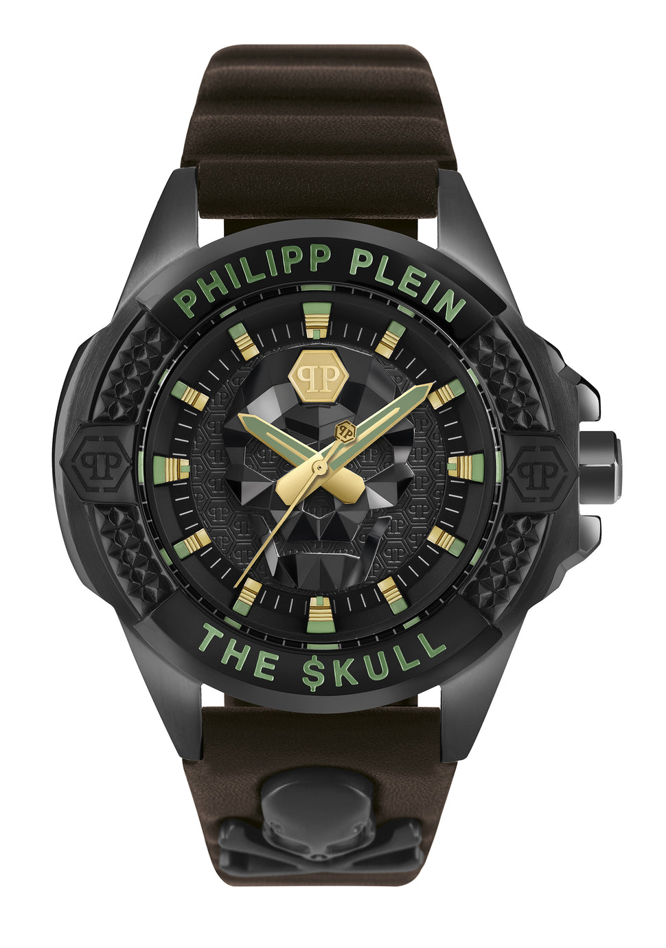 Philipp Plein Armbanduhr mit schwarzem Zifferblatt mit schwarzem Totenkopfdesign und goldenen sowie grünen Akzenten, schwarzem Gehäuse und braunem Lederband Produktbild