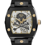 Philipp Plein Armbanduhr im Tonneau Shape mit teilskelettiertem silbernem Zifferblatt mit schwarzem glassteinbesetztem Totenkopf- und Knochenmotiv und goldenen Akzenten, schwarzem Gehäuse mit goldenen Akzenten und schwarzem Edelstahlband Produktbild