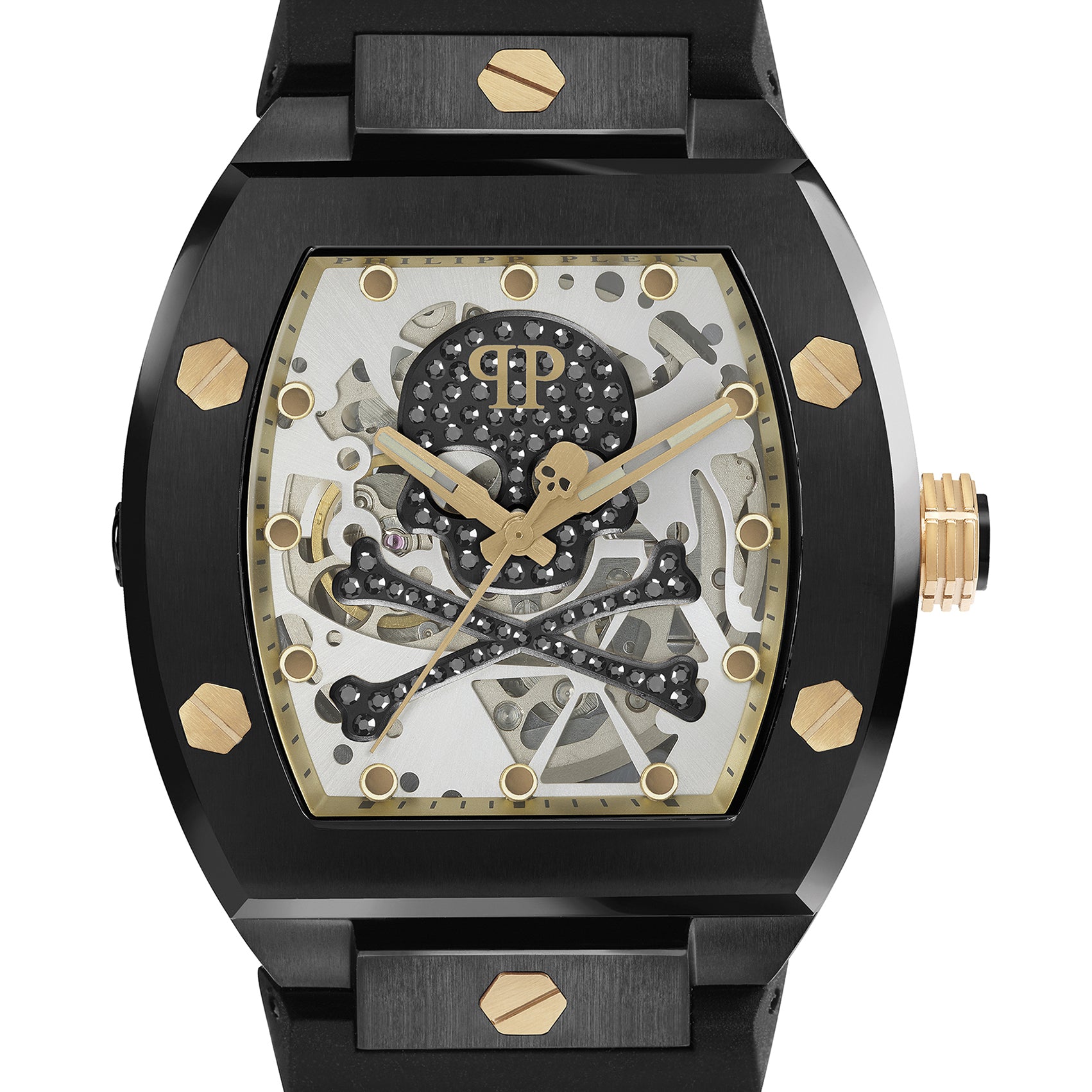 Philipp Plein Armbanduhr im Tonneau Shape mit teilskelettiertem silbernem Zifferblatt mit schwarzem glassteinbesetztem Totenkopf- und Knochenmotiv und goldenen Akzenten, schwarzem Gehäuse mit goldenen Akzenten und schwarzem Edelstahlband Produktbild